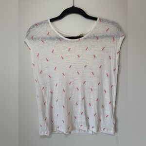 White Linen Flamingo Print Women's Top